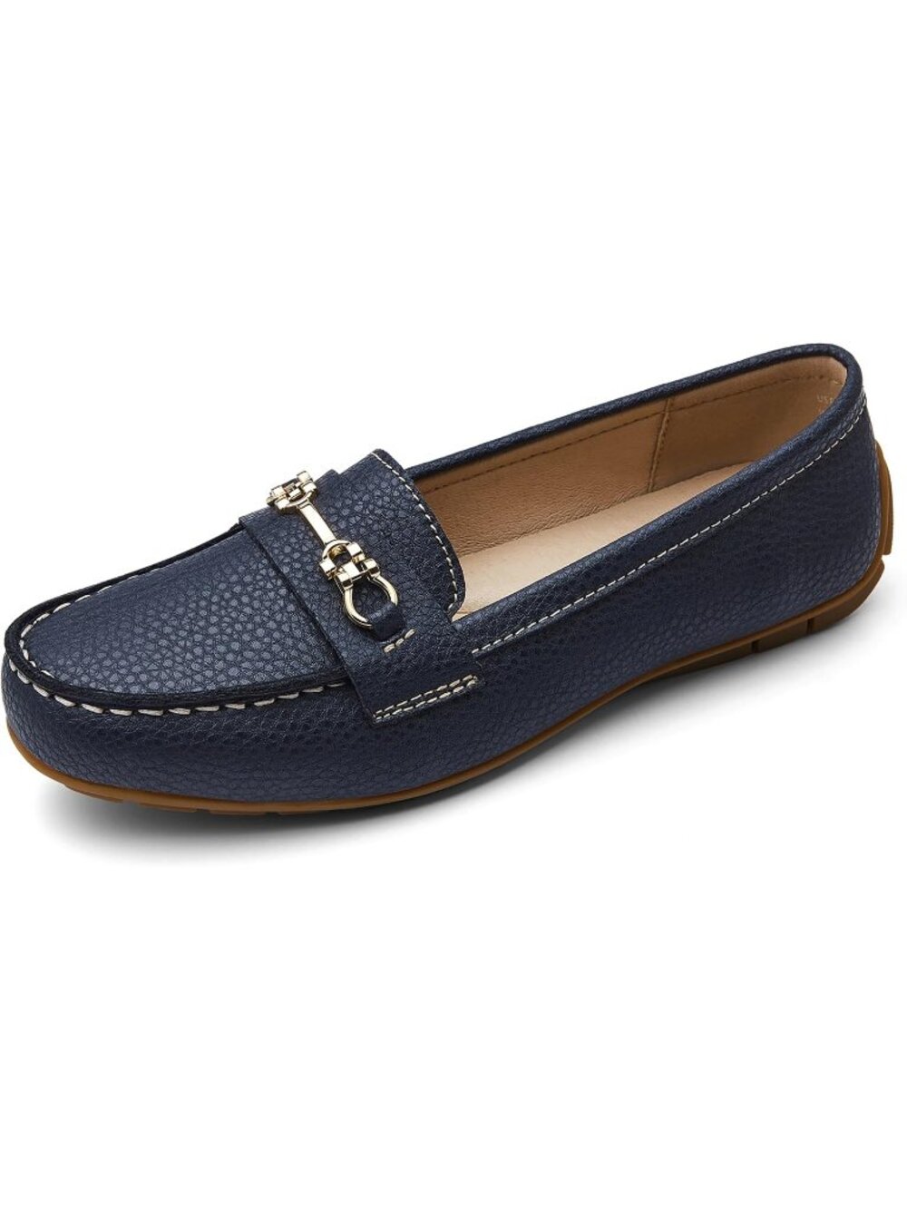 Women's Navy Comfortable & Lightweight Leather Loafers Slip-On Flats Shoes - Picture 3 of 6